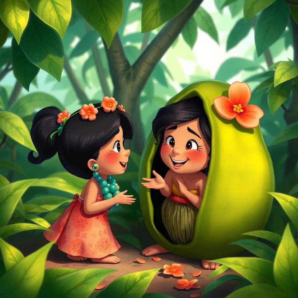 Leila proposing a game of hide and seek to the menehune, playful interaction, leafy surroundings, detailed character expressions, colorful art style, whimsical vibe, cheerful