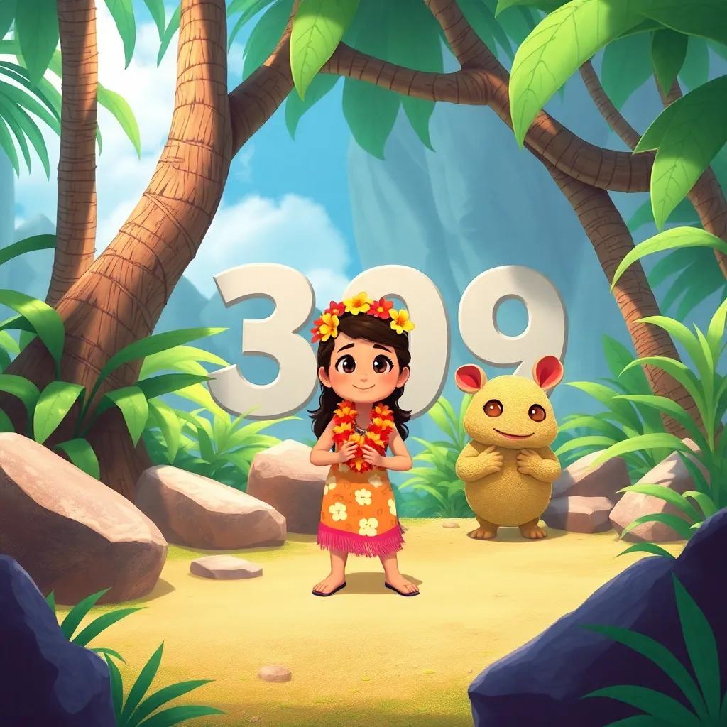 Leila counting to thirty while the menehune hide, lush tropical greenery and rocks around, a moment of excitement captured, playful illustration, light-hearted energy, inviting view