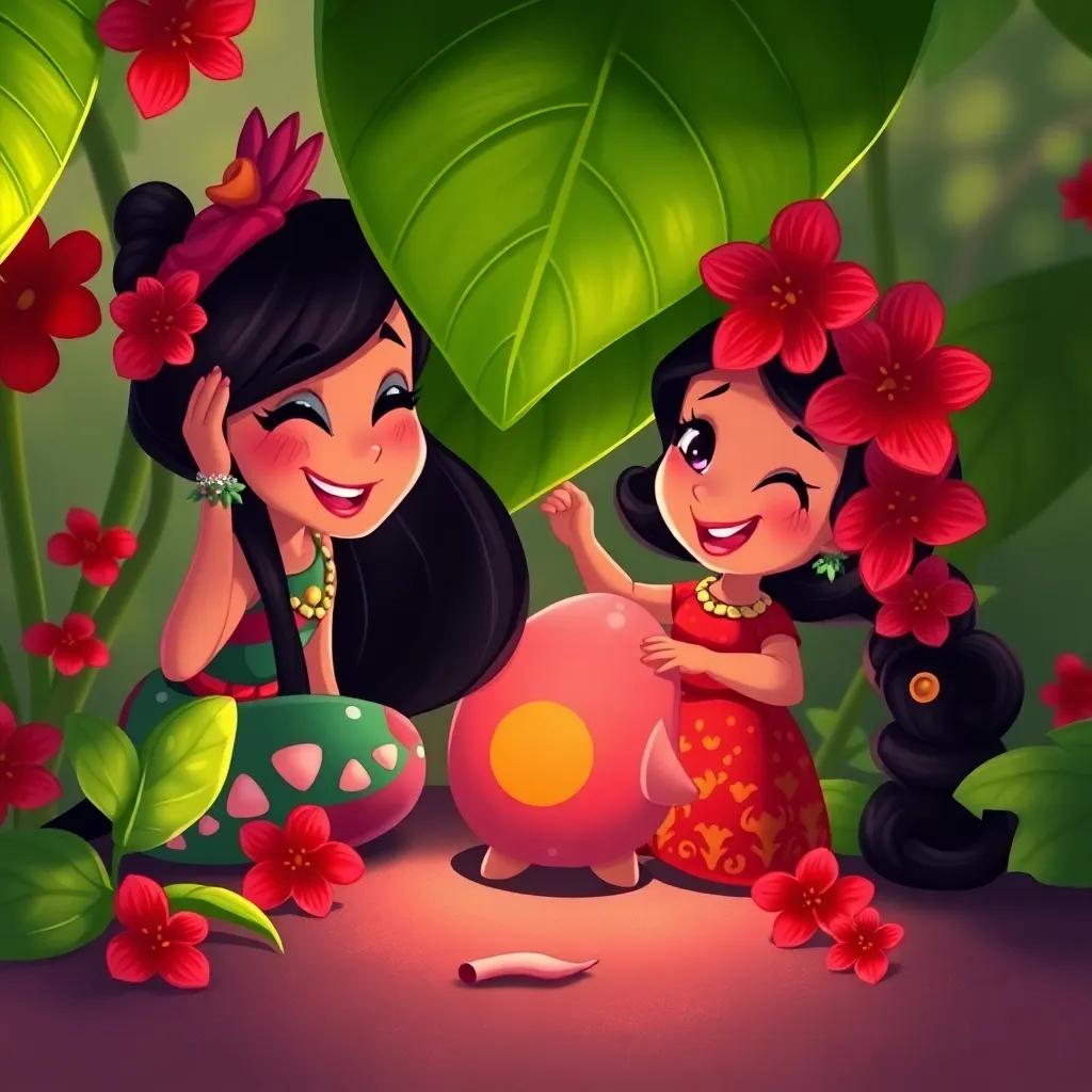 Leila finding a menehune hiding under a big leaf, joyous expressions from both, red and green colors surrounding them, vivid and charming illustration, spirited atmosphere