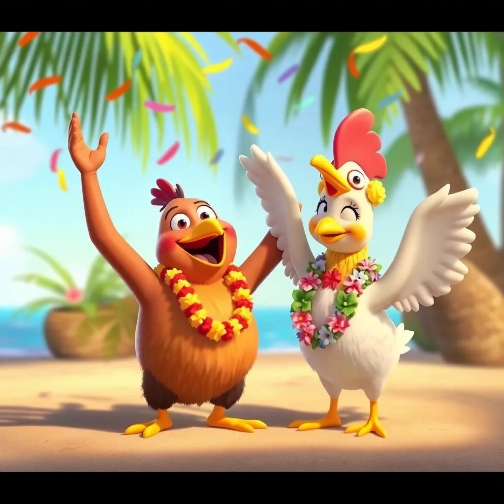 Menehune celebrating and congratulating Leila, Moa the chicken flapping his wings joyfully, colorful leis flying in the air, festive scene, child-friendly, digital art
