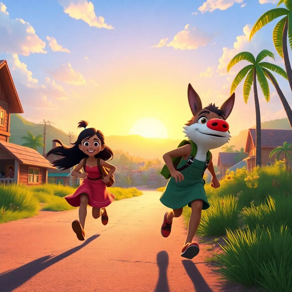 Leila and Moa rushing back to town, sunlight peeking over the horizon, colorful and lively morning scene, feeling of excitement, hopeful vibe, beautifully illustrated
