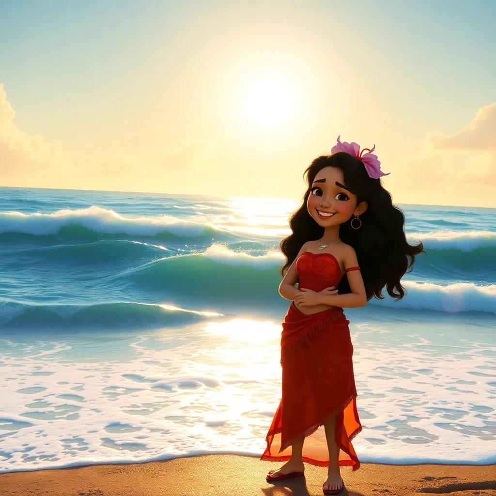 Leila standing by the ocean, with a big smile, Moa happily beside her, the sun shining bright, waves crashing, a beautiful day, heartwarming scene, captivating picture