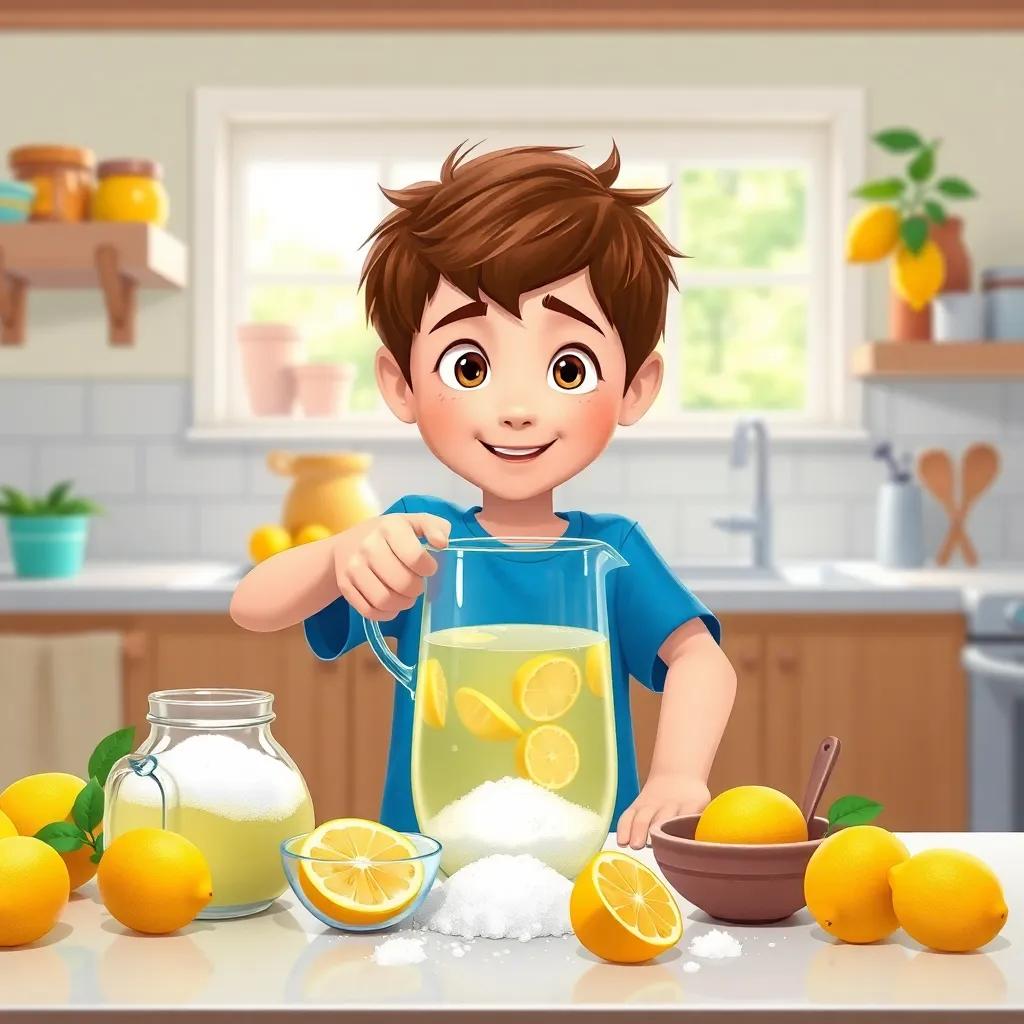 Max, the young boy with short brown hair and a blue t-shirt, mixing lemonade in a pitcher, surrounded by fresh lemons and sugar, sunny kitchen, colorful, inviting atmosphere, high quality