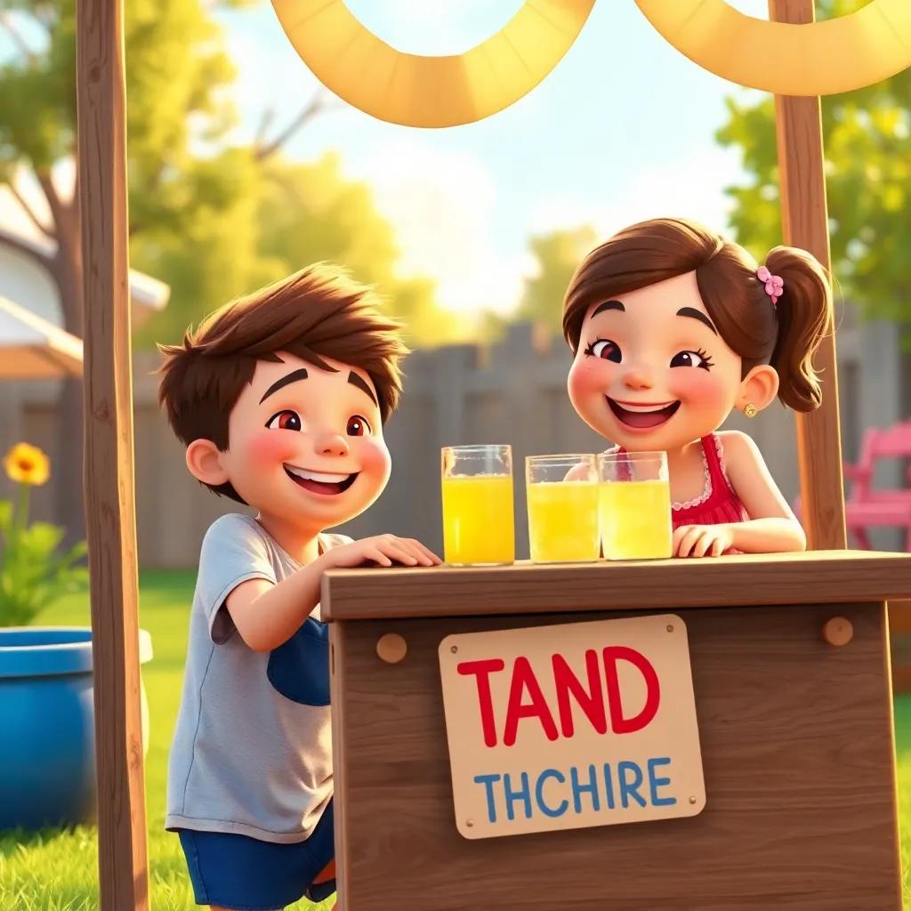 Max with his sister, both smiling, building a lemonade stand with a wooden table and colorful sign, joyful backyard scene, golden sunlight, family-friendly, digital art