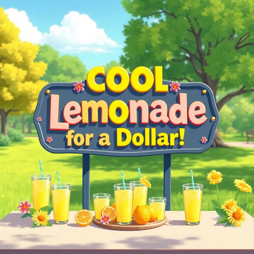 A table with lemonade cups and a big colorful sign saying 'Cool Lemonade for a Dollar!', decorated with flowers, in a sunny park, cheerful vibe, bright colors, detailed illustration