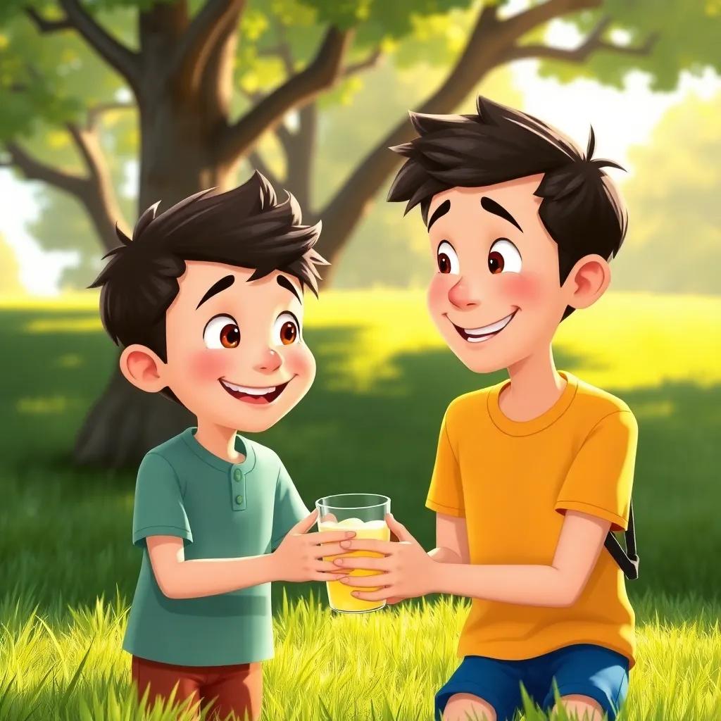 Max and his neighbor, both smiling, sharing a lemonade cup, with trees and green grass in the background, warm afternoon light, friendly atmosphere, realistic illustration, joyful moment