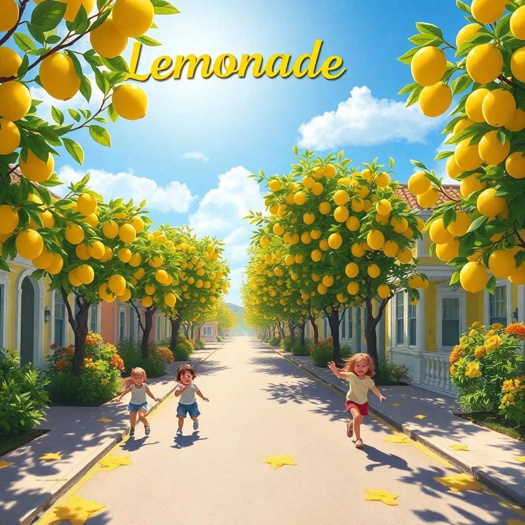A sunny street named Lemonade Lane with bright lemon trees, children running excitedly, bright sunshine, digital art, vibrant colors, cheerful atmosphere, high quality