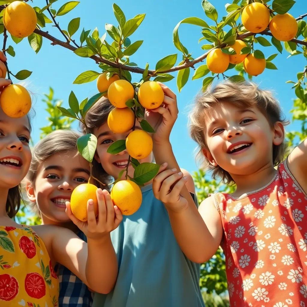 A close-up of kids picking lemons from a low-hanging lemon tree, their faces full of joy, wearing colorful summer clothes, cheerful scene, bright and sunny, high quality