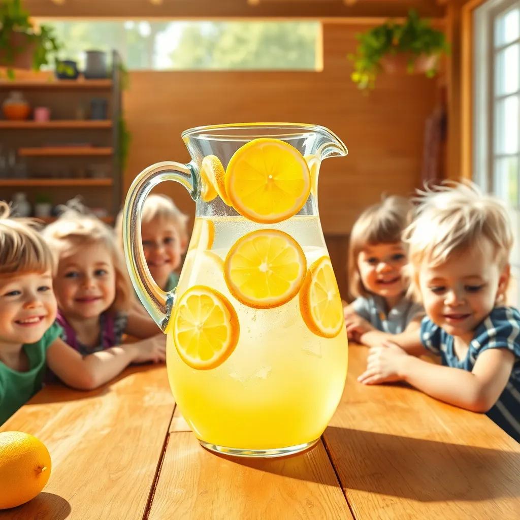 A beautiful pitcher of freshly made lemonade with lemon slices floating above a wooden table, surrounded by happy children, bright sunshine, colorful, joyful scene, high quality