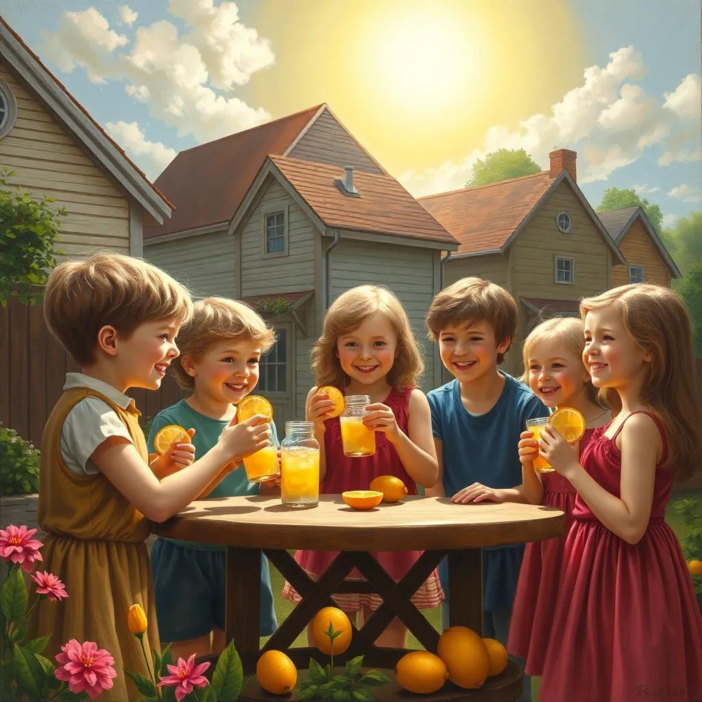 Children sharing lemonade with their smiling neighbors, the sun shining bright above them, a feeling of community and friendship, warm and inviting atmosphere, high quality
