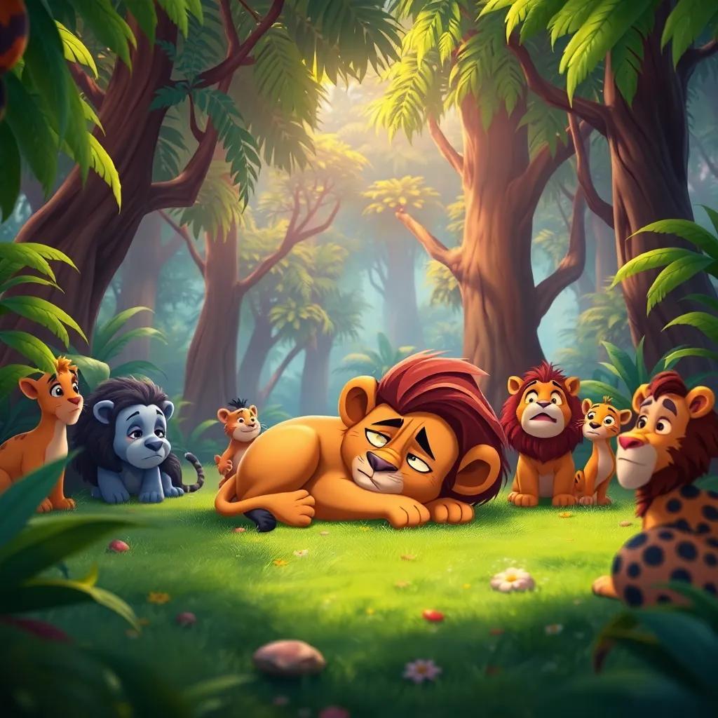 A big, bright jungle with lush green trees, Lenny the lion lying down looking tired and sad, jungle animals surrounding him with worried faces, digital art, vibrant colors, warm atmosphere, heartwarming, high quality