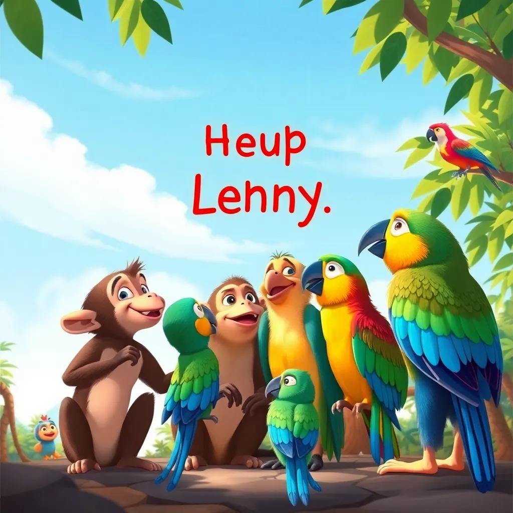 A group of playful monkeys and colorful parrots gathering under a blue sky, discussing how to help Lenny, detailed illustration, cheerful scene, lively colors, child-friendly, high quality