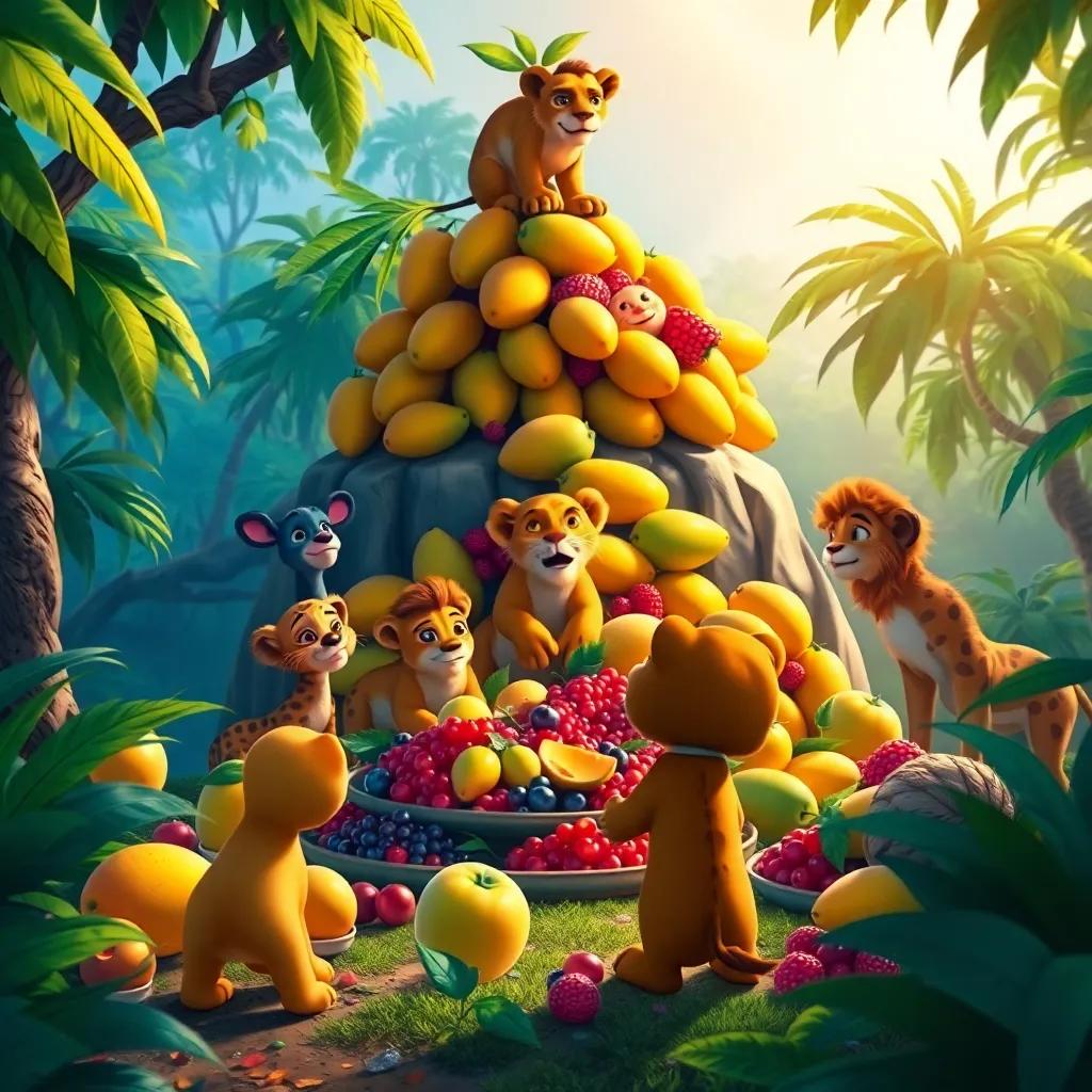 A feast of juicy mangoes and sweet berries being prepared by jungle animals, piled up high in a clearing, Lenny the lion watching eagerly, digital painting, colorful, joyful, warm light, high quality