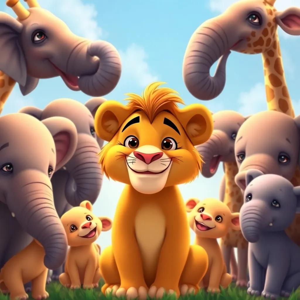Lenny the lion surrounded by elephants and giraffes, showing gratitude with a heartfelt smile, all animals happy and united, enchanting digital art, vivid colors, uplifting scene, high quality