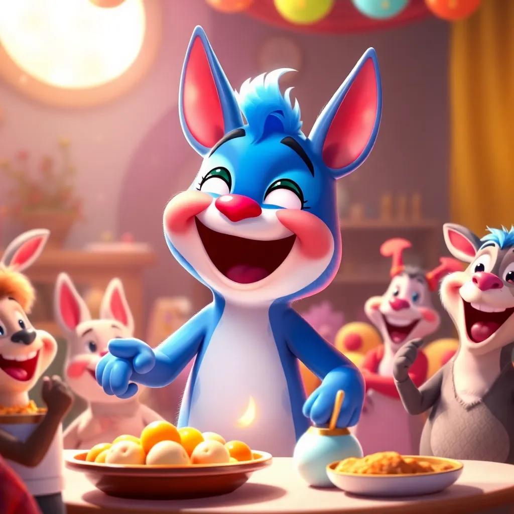 Lenny enjoying his feast and becoming bright again, with a smile on his face, happy animals cheering beside him, celebration atmosphere, cheerful digital art, bright light, vibrant colors, heartwarming, high quality