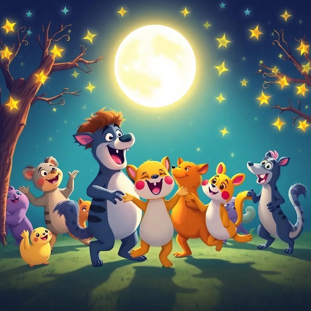 A joyful scene of animals dancing together under the moonlight, with Lenny happily joining in, stars shining brightly above, colorful illustration, festive and lively, high quality
