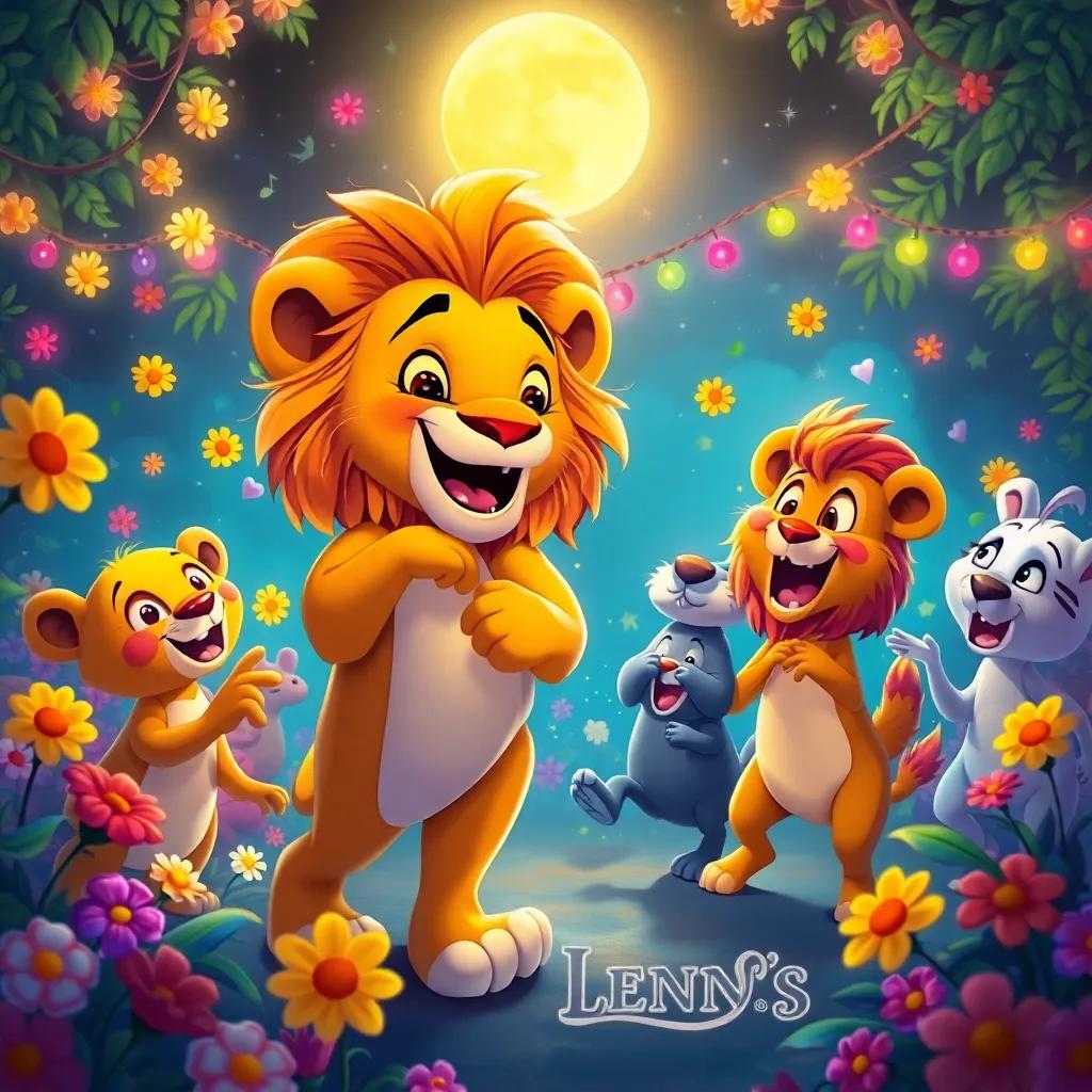 Lenny the lion with his friends at a lively party, dancing and singing beneath the moon, surrounded by flowers, colorful scene, joyful digital art, magical atmosphere, high quality