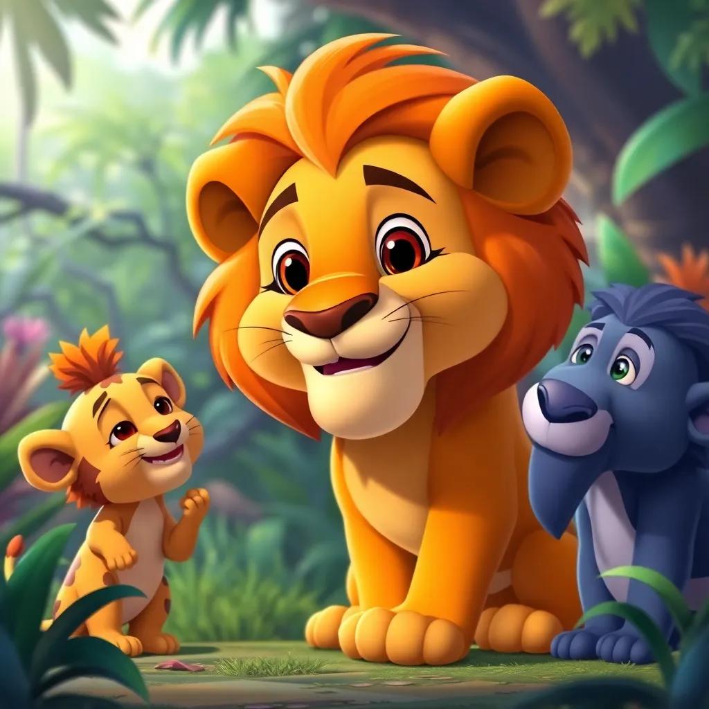 Lenny the lion with a grateful expression, thanking each animal, heartwarming scene of friendship and kindness, with vibrant jungle in the background, digital art, colorful, uplifting, high quality