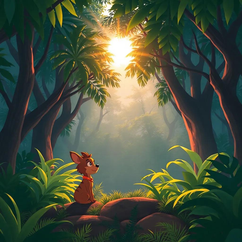A serene jungle landscape with Lenny pondering friendship, showing the sun shining through trees, peaceful digital illustration, warm light, calming colors, high quality