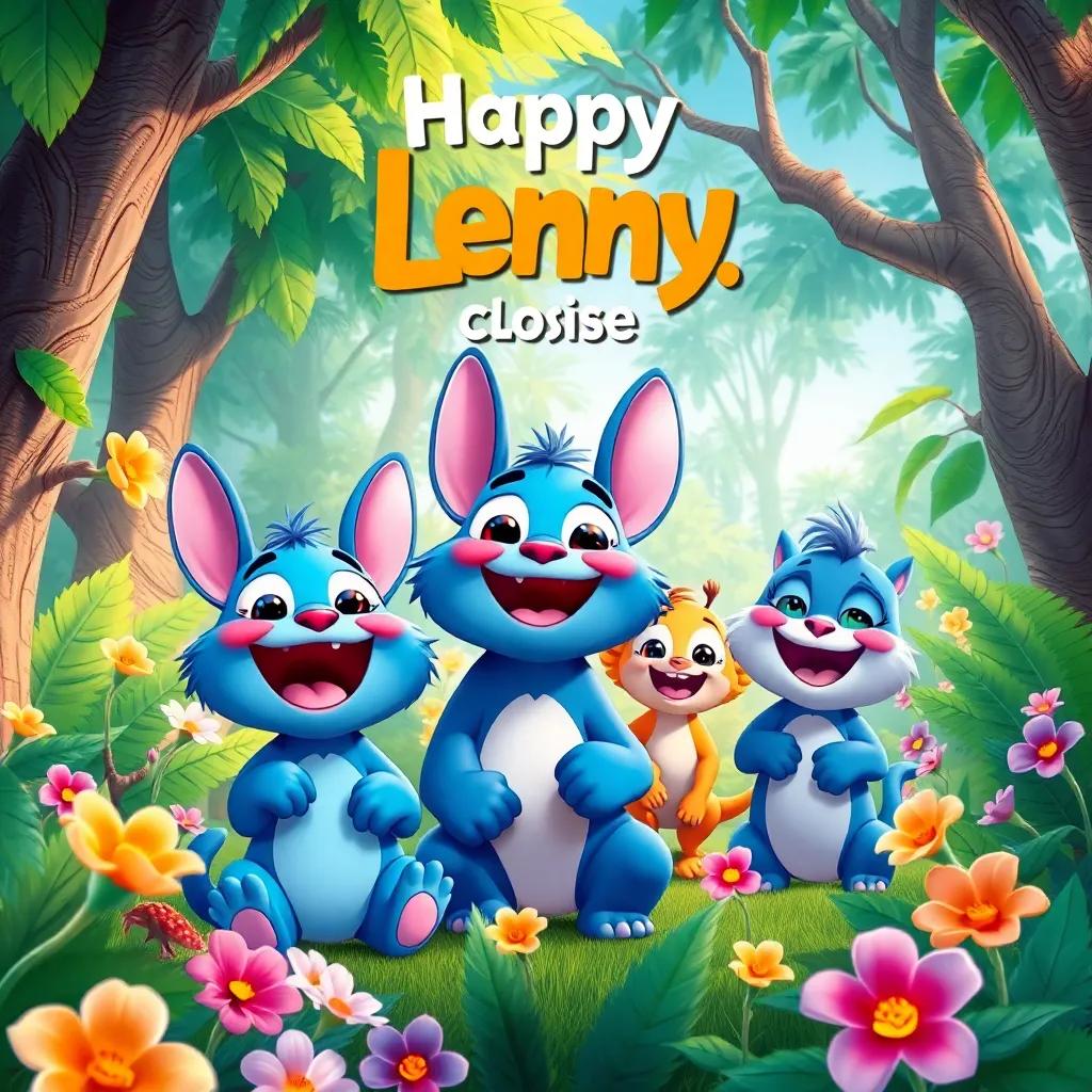 A happy closing scene of Lenny and his friends enjoying the jungle, surrounded by trees and flowers, a message of joy and friendship, detailed digital art, cheerful, vibrant colors, heartwarming