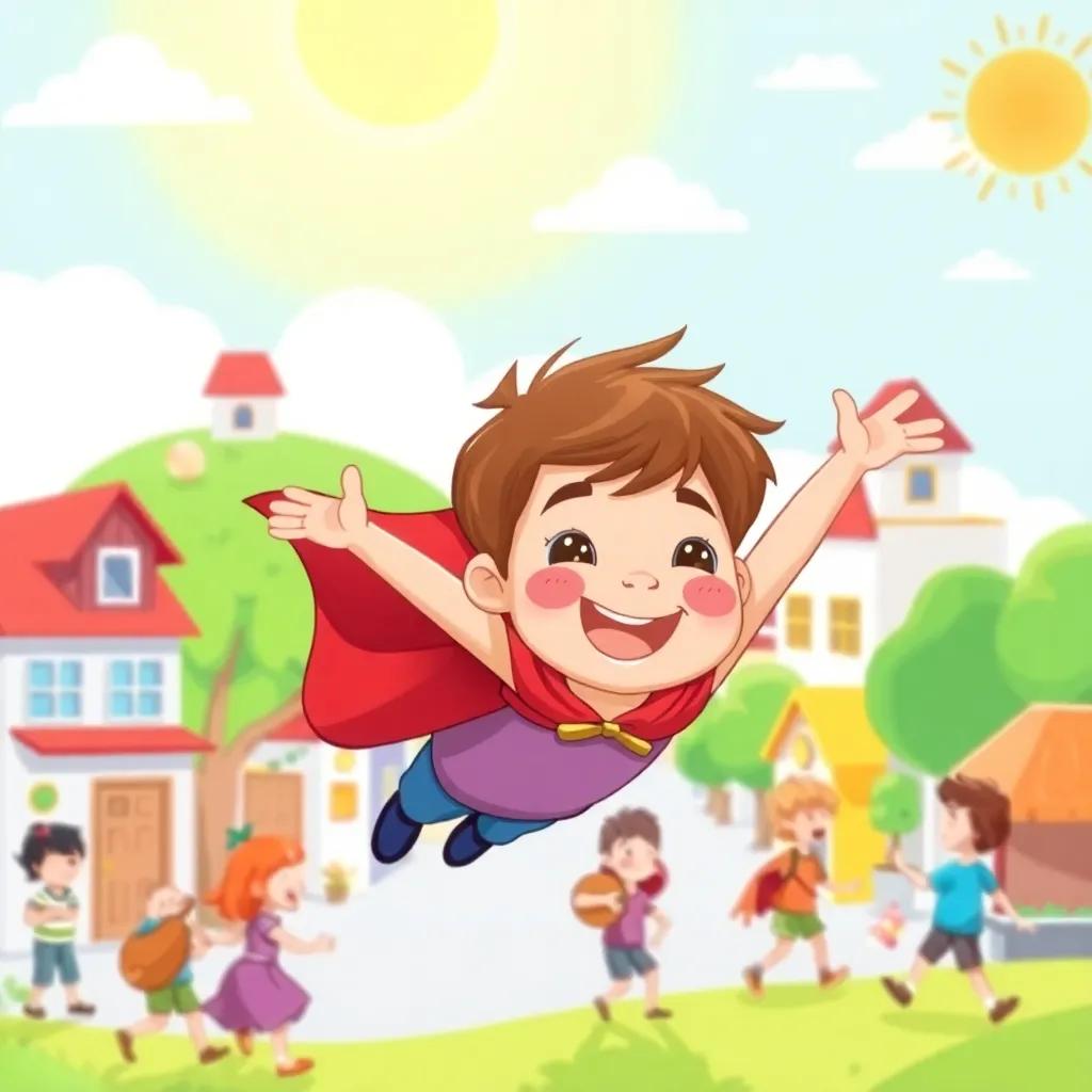 A bright, colorful town with children playing, Leo, a cheerful boy with short, brown hair, wearing a red cape, flying in the sky, vibrant colors, animated, joyful atmosphere, high quality