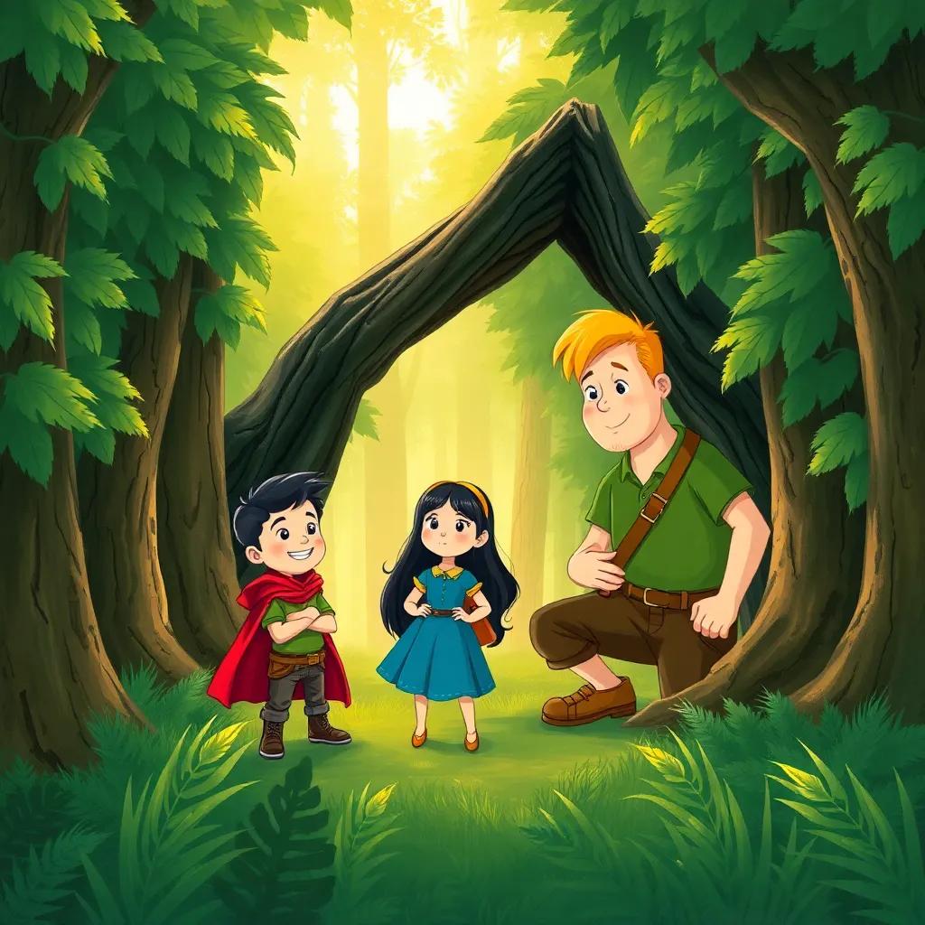 A secret hideout in a deep green forest with Leo the cheerful boy in a red cape, Mia, a brave girl with long black hair, wearing a blue dress, and Max, a big boy with short blond hair in a green shirt, planning their adventure, detailed illustration, warm light, inviting atmosphere, high quality