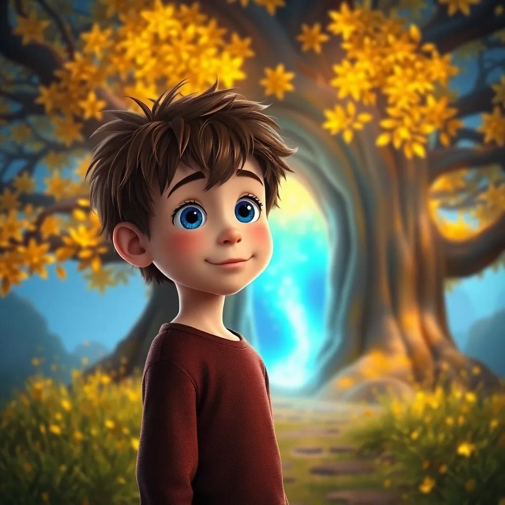 Leo, a curious 8-year-old boy with tousled brown hair and bright blue eyes, standing in front of a mysterious large tree with golden leaves that glows softly, wide-eyed in awe, magical portal opening nearby, enchanting atmosphere, colorful, fantasy, high quality