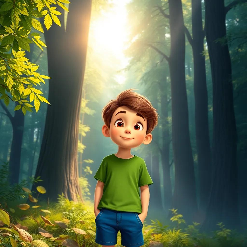 A curious boy, Leo, with short brown hair and wearing a green t-shirt and blue shorts, standing at the edge of the Whispering Woods, sunlight shining through the trees, vibrant colors, magical atmosphere, high quality