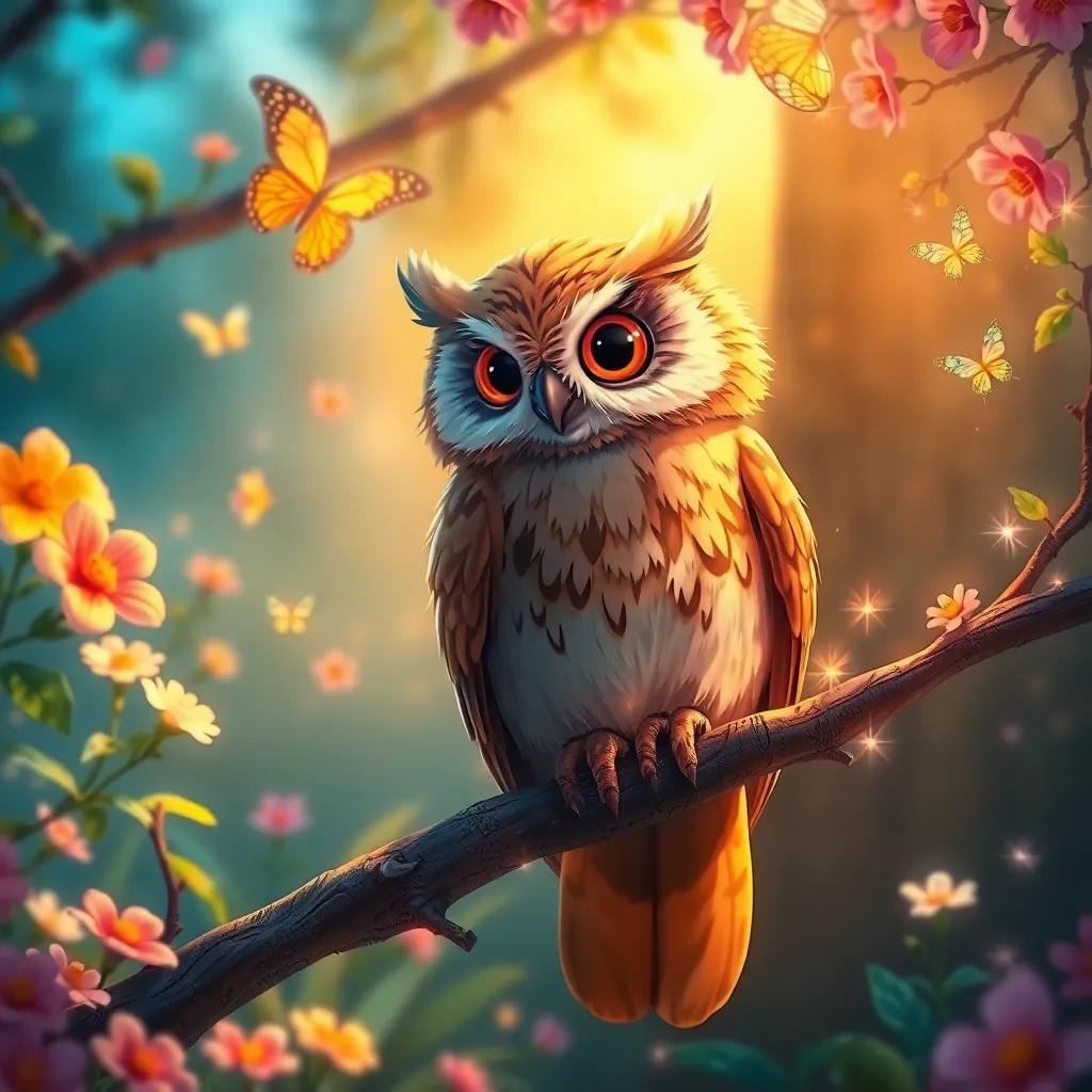 A wise old owl perched on a branch in a hidden glade, surrounded by sparkling flowers and fluttering butterflies, warm light, colorful scene, inviting appearance, detailed art