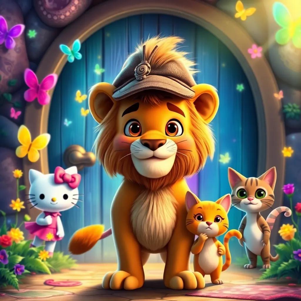 Leo the lion, with a detective hat and friends including Hello Kitty and Kelvin the cat, standing in front of a magical door with colorful fairies, bright colors, whimsical setting, joyful vibes, digital painting, high quality