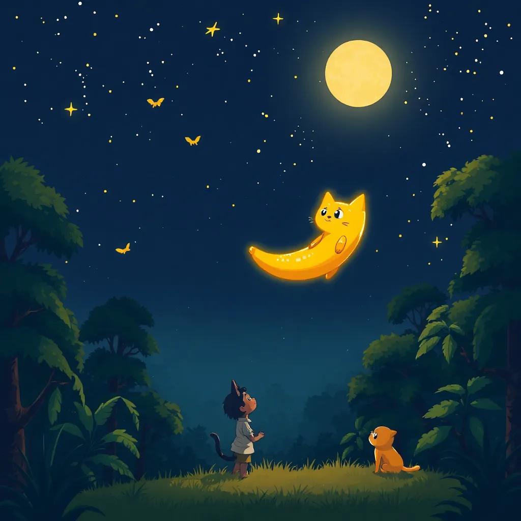 Uma estrela mágica, Banana Cat, flutuando sobre Léo e Jake na floresta à noite, com um brilho dourado em volta dela, e Léo e Jake olhando fascinados e felizes, em um cenário de árvores altas ao fundo e um céu estrelado, ilustração, misteriosa, mágica, atmosfera calorosa