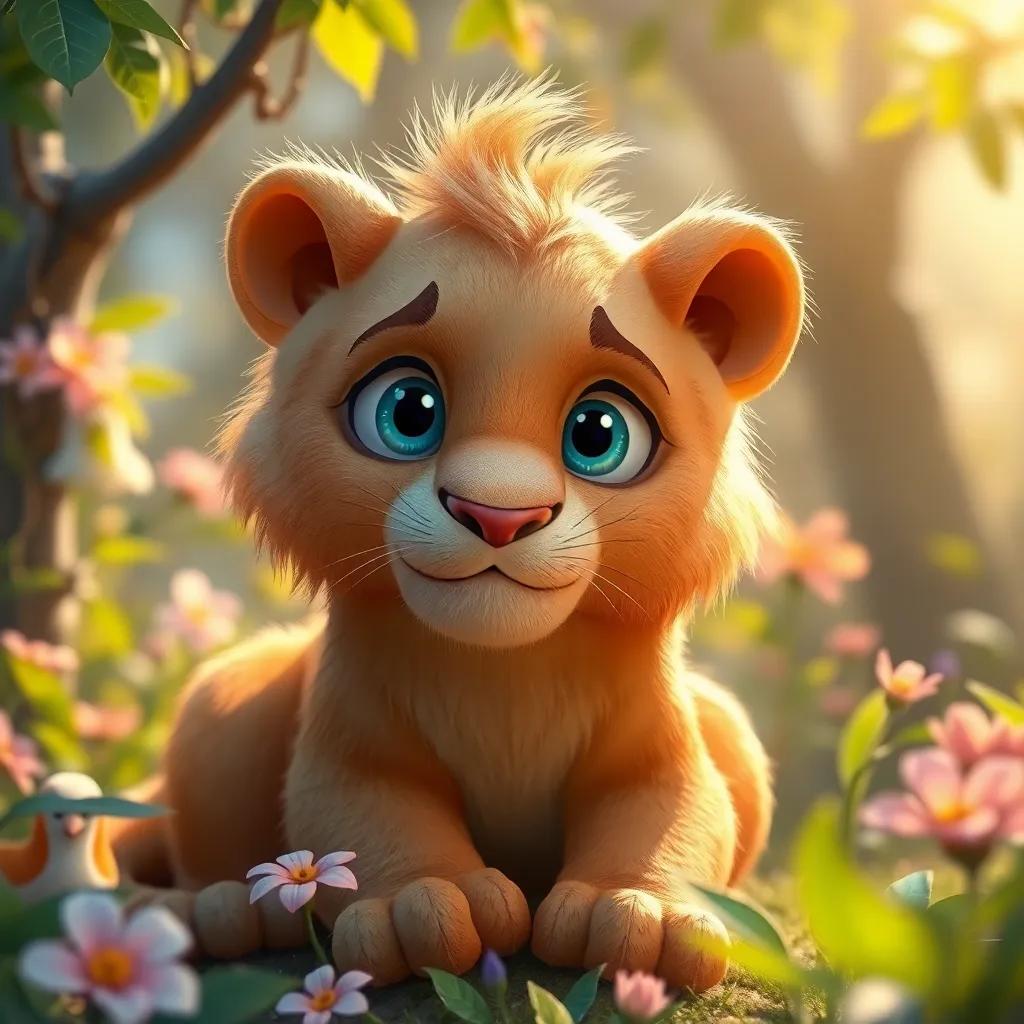 Leo, o leão bonito e gentil, com pelagem dourada brilhante e olhos azuis, sentado em uma clareira da floresta, cercado por risos de animais, arte digital, cores vibrantes, atmosfera alegre, qualidade alta