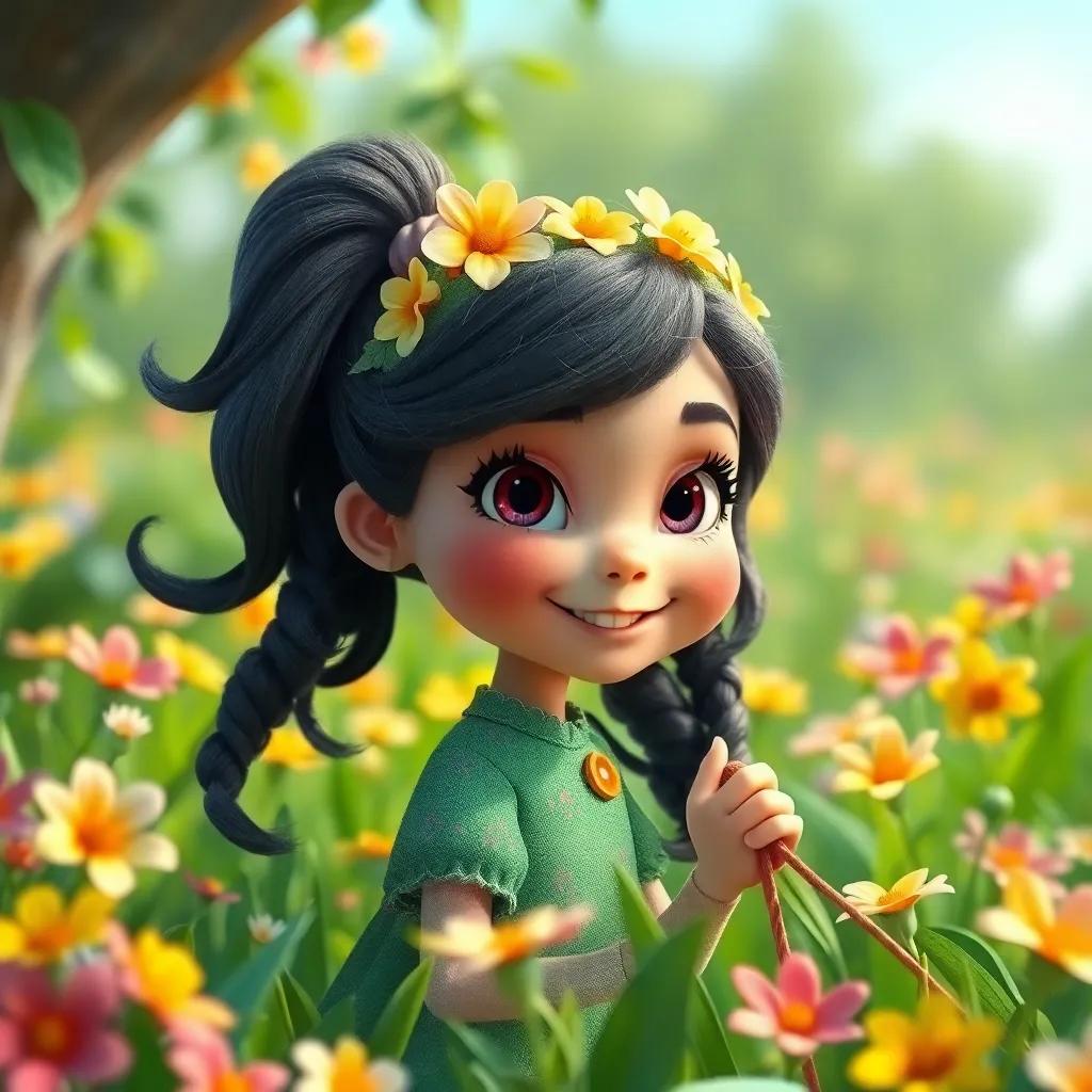 Lina, a lebre, com pelos brancos e orelhas compridas, com um sorriso amigável, pulando em uma floresta verde, cheia de flores coloridas, arte infantil, cores suaves, divertida, perspectiva otimista