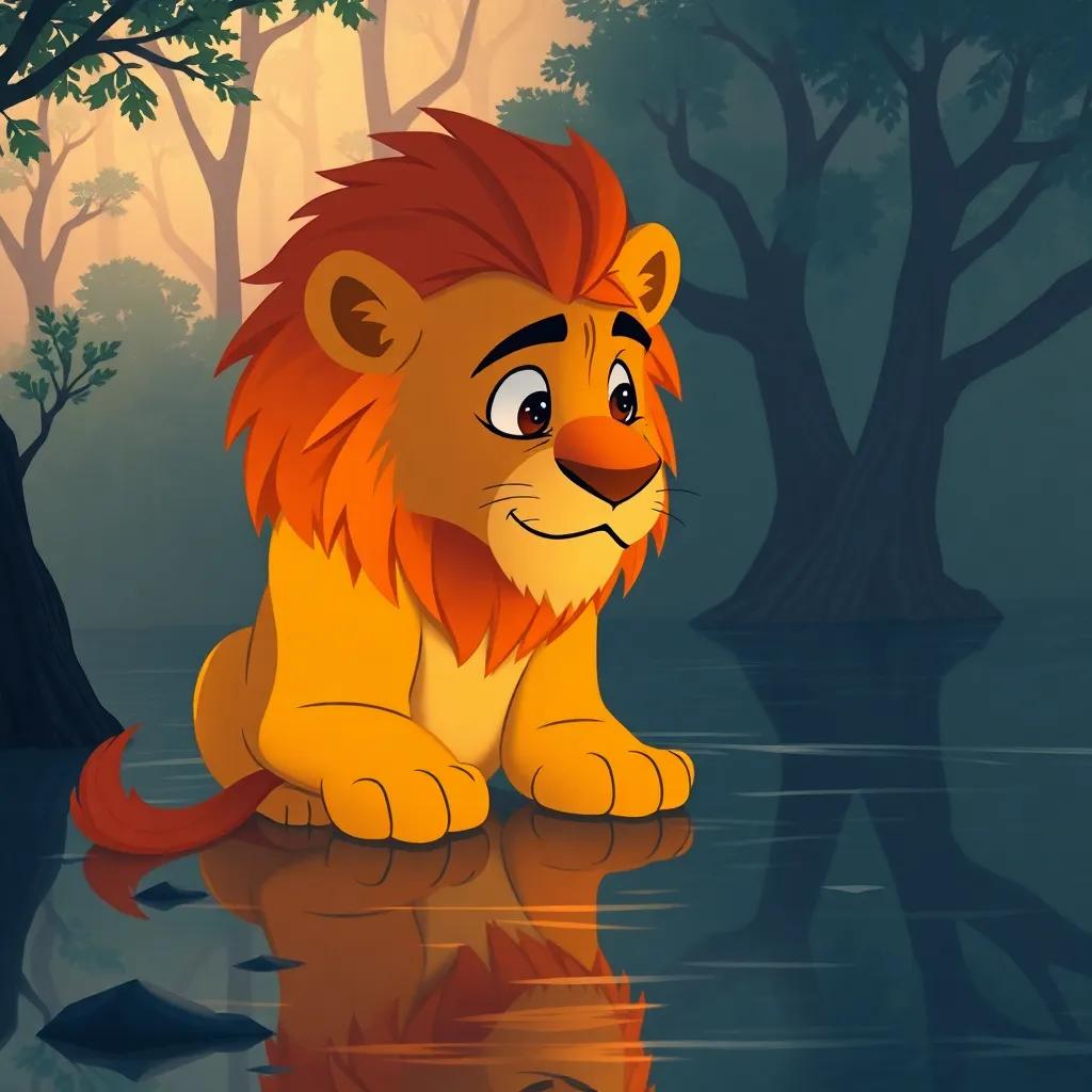 Leo, o leão triste, olhando para sua imagem refletida na água do rio, expressando preocupação e confusão, cercado por árvores e sombras, ilustração, cores delicadas, melancólica, sensação de introspecção