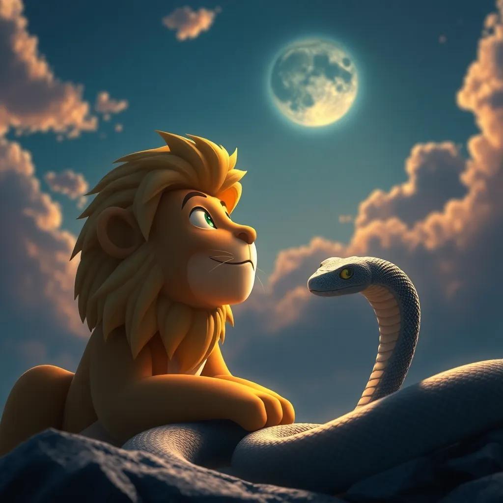 Leo, olhando para o céu, respirando fundo para rugir, com determinação nos olhos, uma cobra se aproximando, arte encantadora, iluminação dramática, criando suspense, qualidade envolvente