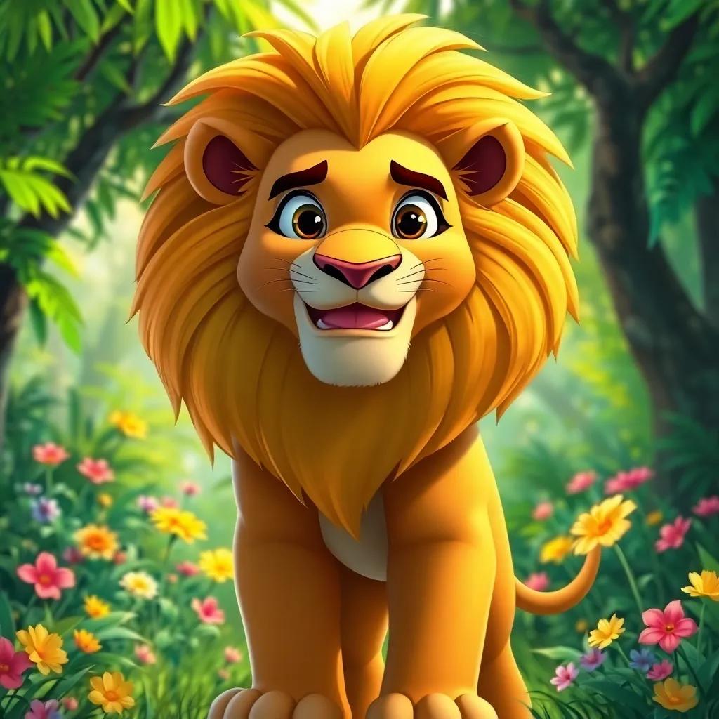 A strong lion named Leo, with a golden mane, standing proudly in a bright green jungle with colorful flowers and trees, digital art, vibrant colors, cheerful mood, high quality