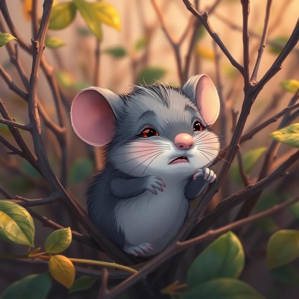A small gray mouse squeaking, stuck in a bush with twigs and leaves around it, looking sad and helpless, digital drawing, warm colors, inviting atmosphere, high quality