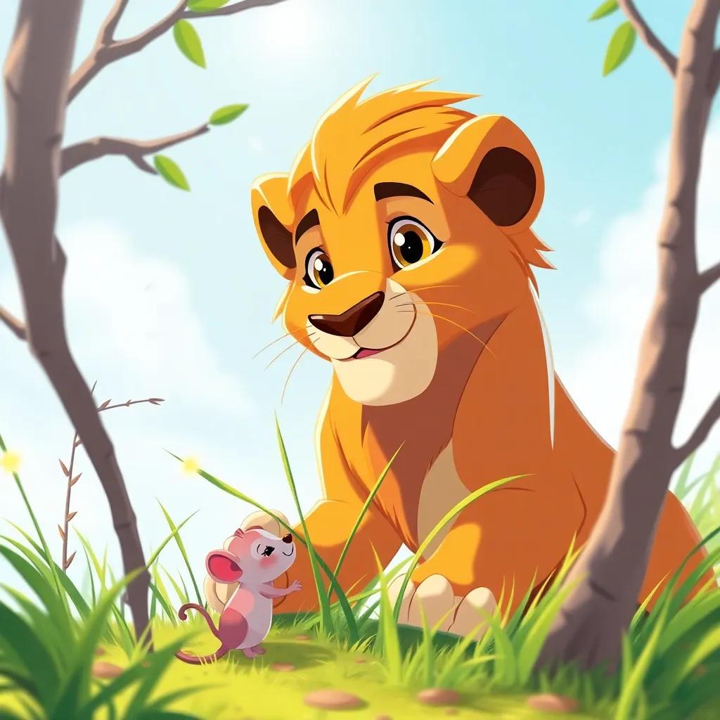 Leo the Lion gently pushing the twigs away from the bush to rescue the little mouse, kindness in his eyes, sunny day, illustration, bright and friendly, high quality