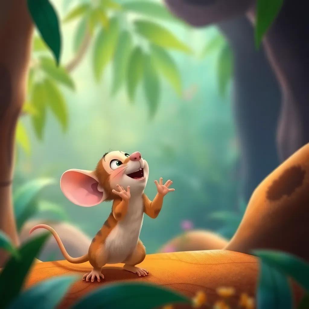 The little mouse squeaking with joy after being freed, looking up at Leo with admiration, jungle background, colorful and happy scene, digital art, playful atmosphere, high quality
