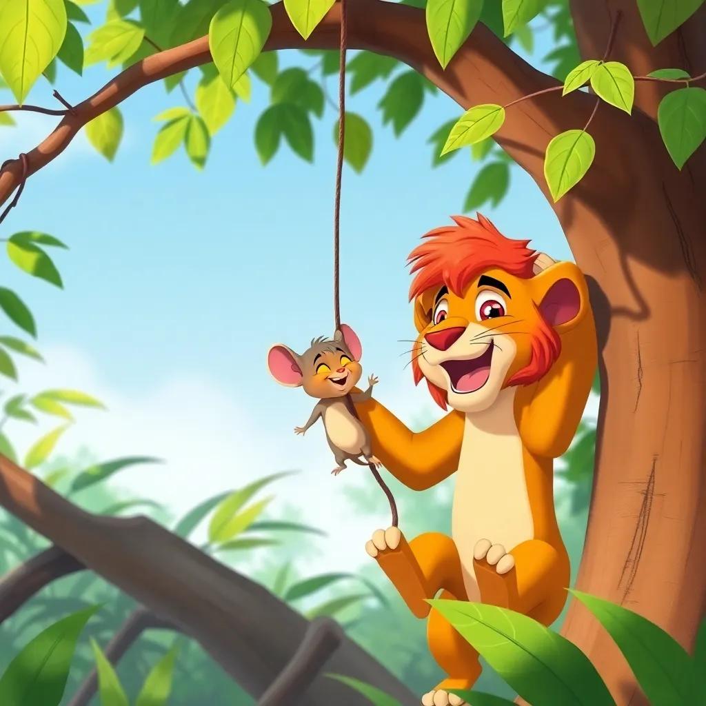 Leo the Lion and the little mouse playing together in the jungle, climbing trees and swinging on vines, laughing and having fun, bright daylight, joyful colors, child-friendly, high quality