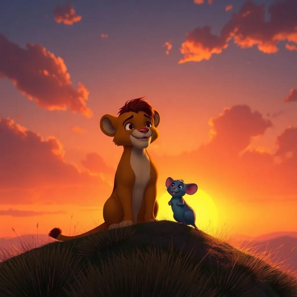 Leo and the mouse sitting together on a hilltop at sunset, the sky painted in shades of orange and gold, sharing a happy moment, heartwarming scene, digital art, magical atmosphere, high quality