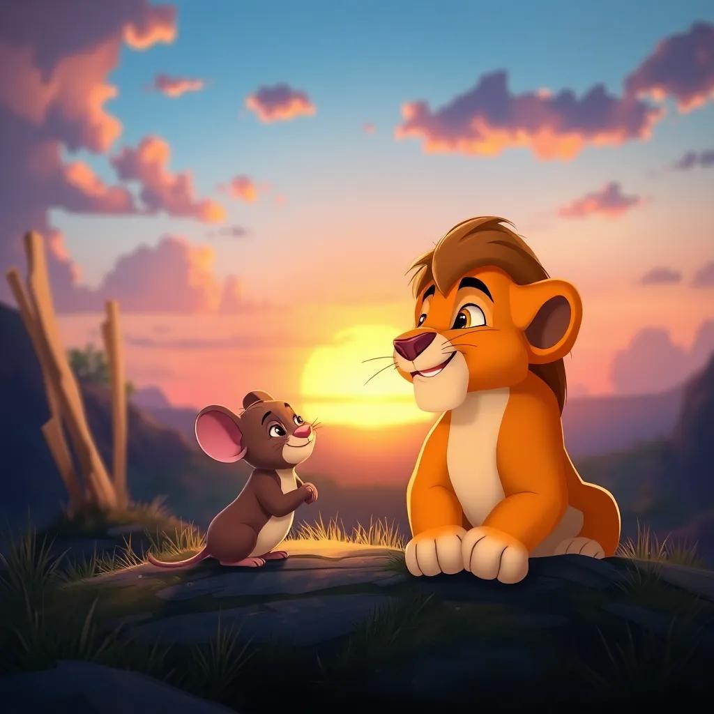 Leo the Lion watching the sunset with the little mouse beside him, both smiling and feeling grateful for their friendship, serene landscape, soft colors, peace and joy, high quality