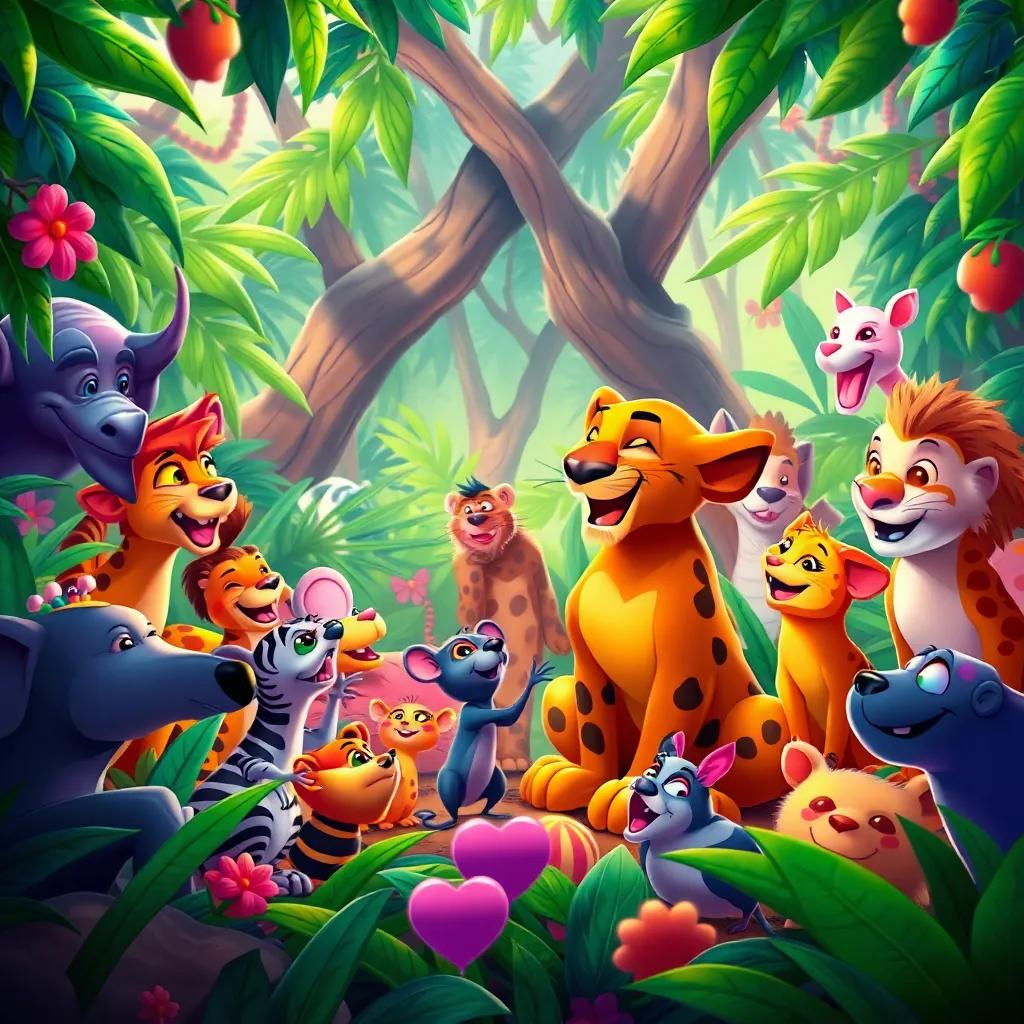The jungle filled with animals gathered around Leo and the mouse celebrating their friendship, colorful and festive scene, laughter in the air, digital painting, vibrant and joyful, high quality