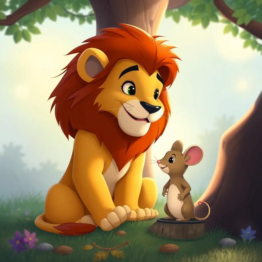 Leo the Lion telling the little mouse about bravery and kindness, sitting by a tree, beautifully illustrated with soft light, storytelling vibe, high quality