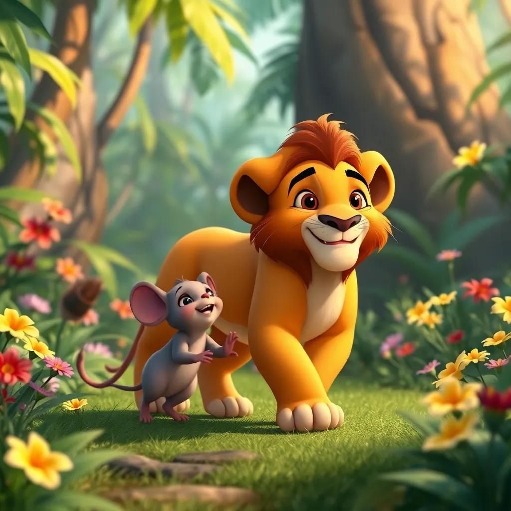 Leo the Lion and the little mouse walking side by side in the jungle, showcasing their bond, surrounded by lush greenery and bright flowers, joyful and heartwarming, high quality