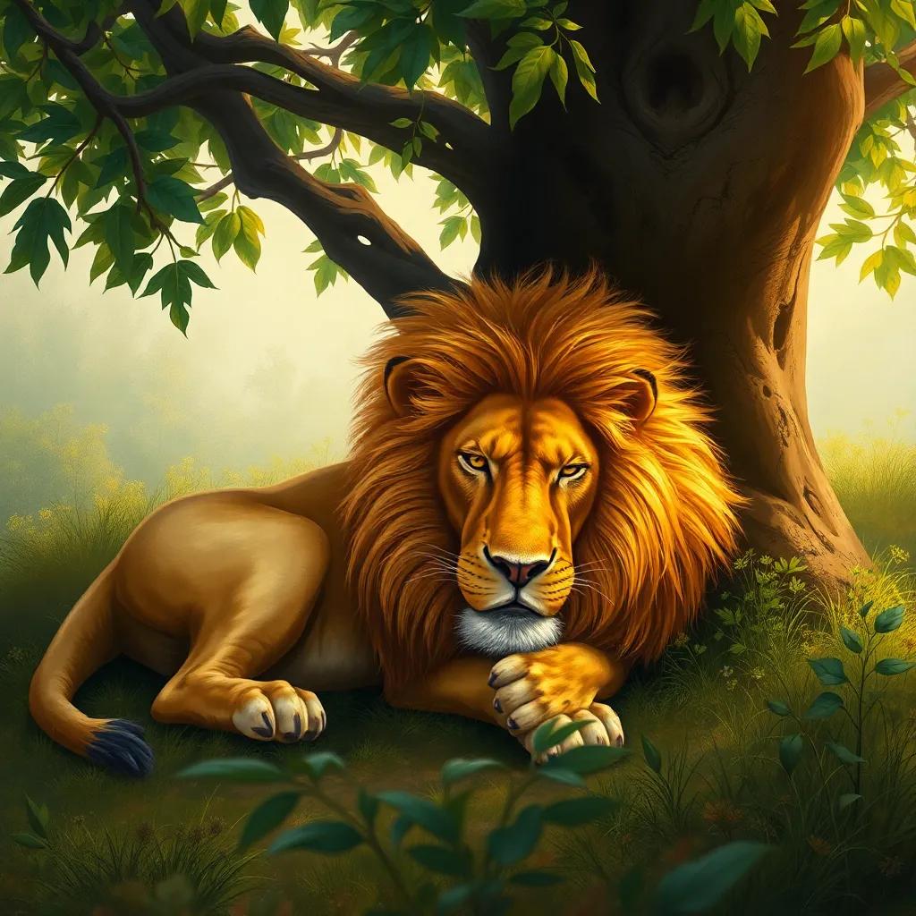 A majestic lion, Leo, with a golden mane, lying under a tree, looking tired and weak, surrounded by lush greenery, digital art, warm colors, calm atmosphere, high quality