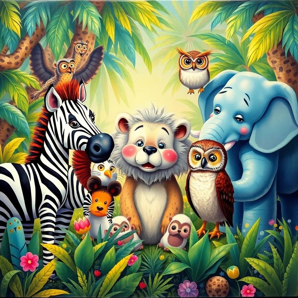 A group of worried animals including a zebra, elephant, and owl, gathered around Leo, trying to cheer him up, bright jungle background, colorful, lively scene, whimsical style, high quality