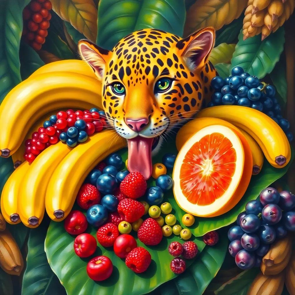 An assortment of bright fruits, including bananas and berries, laid out on a leaf for Leo to eat, jungle details surrounding, vibrant colors, cheerful, close-up view, high quality