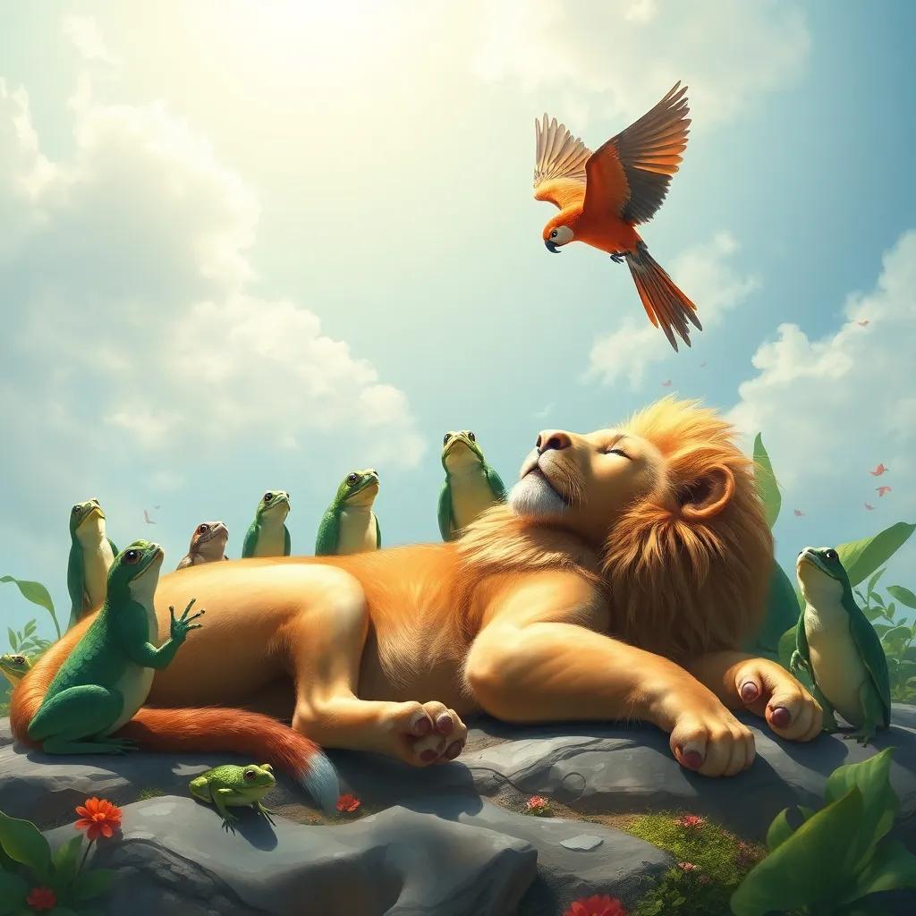 Leo lying down as animals sing, with the parrot above and frogs around, creating a joyful scene; the sky is bright and sunny, refreshing, uplifting, digital painting, high quality