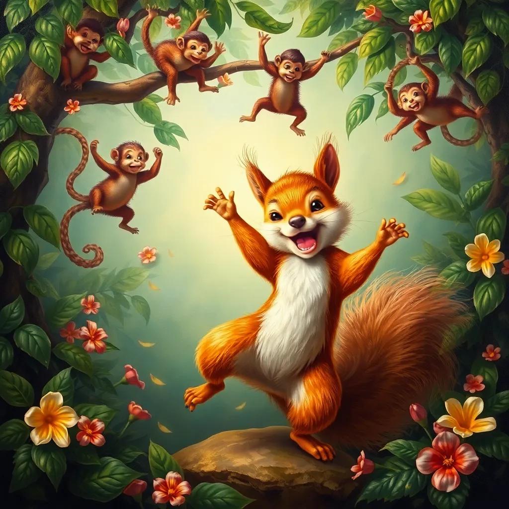 A squirrel dancing happily around Leo, while monkeys swing from branches above; a delightful jungle with green leaves and flowers, lively, playful atmosphere, high quality